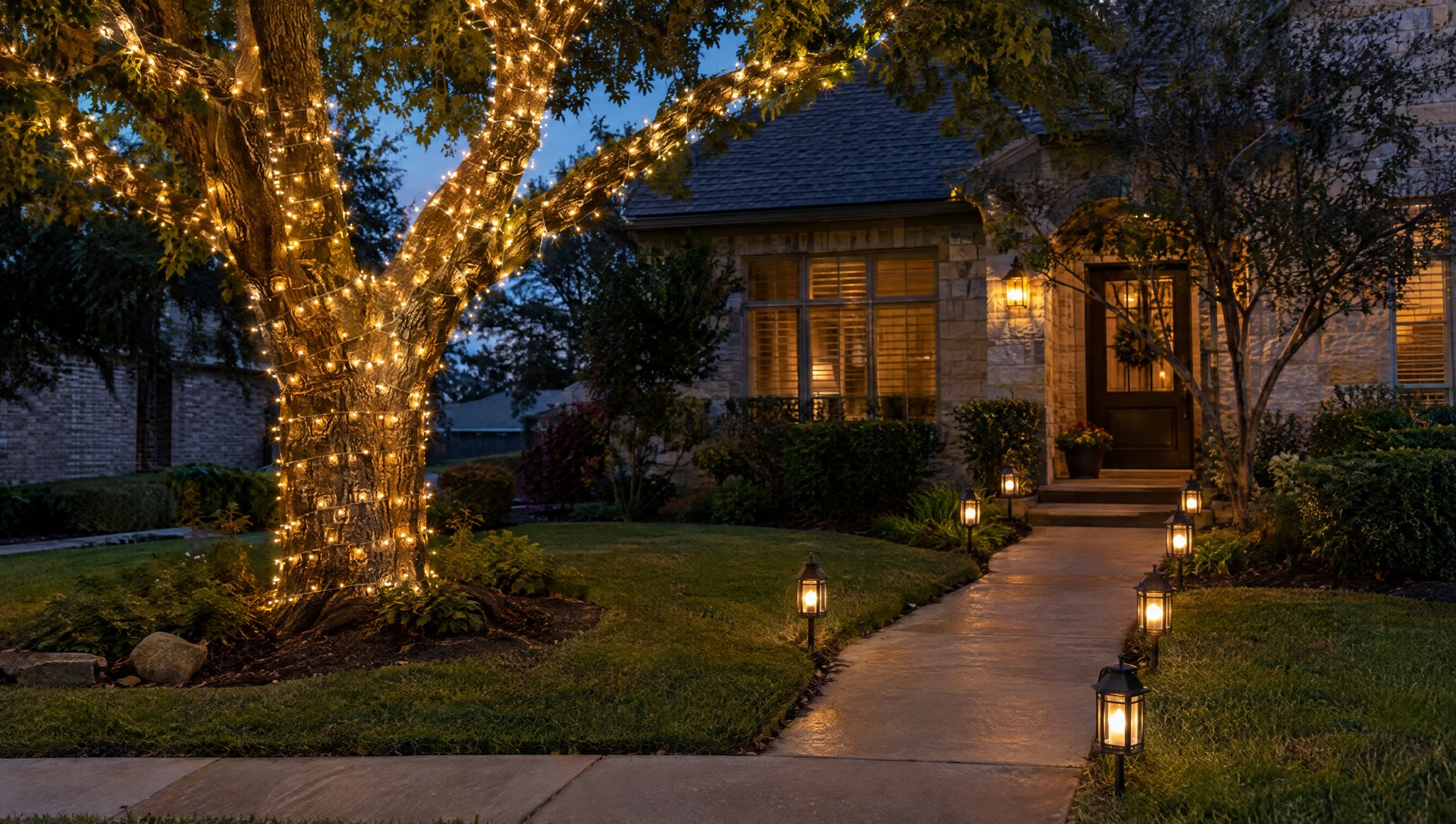 Warm-white wrapped tree and lantern-lined walkway for fall outdoor lighting at dusk