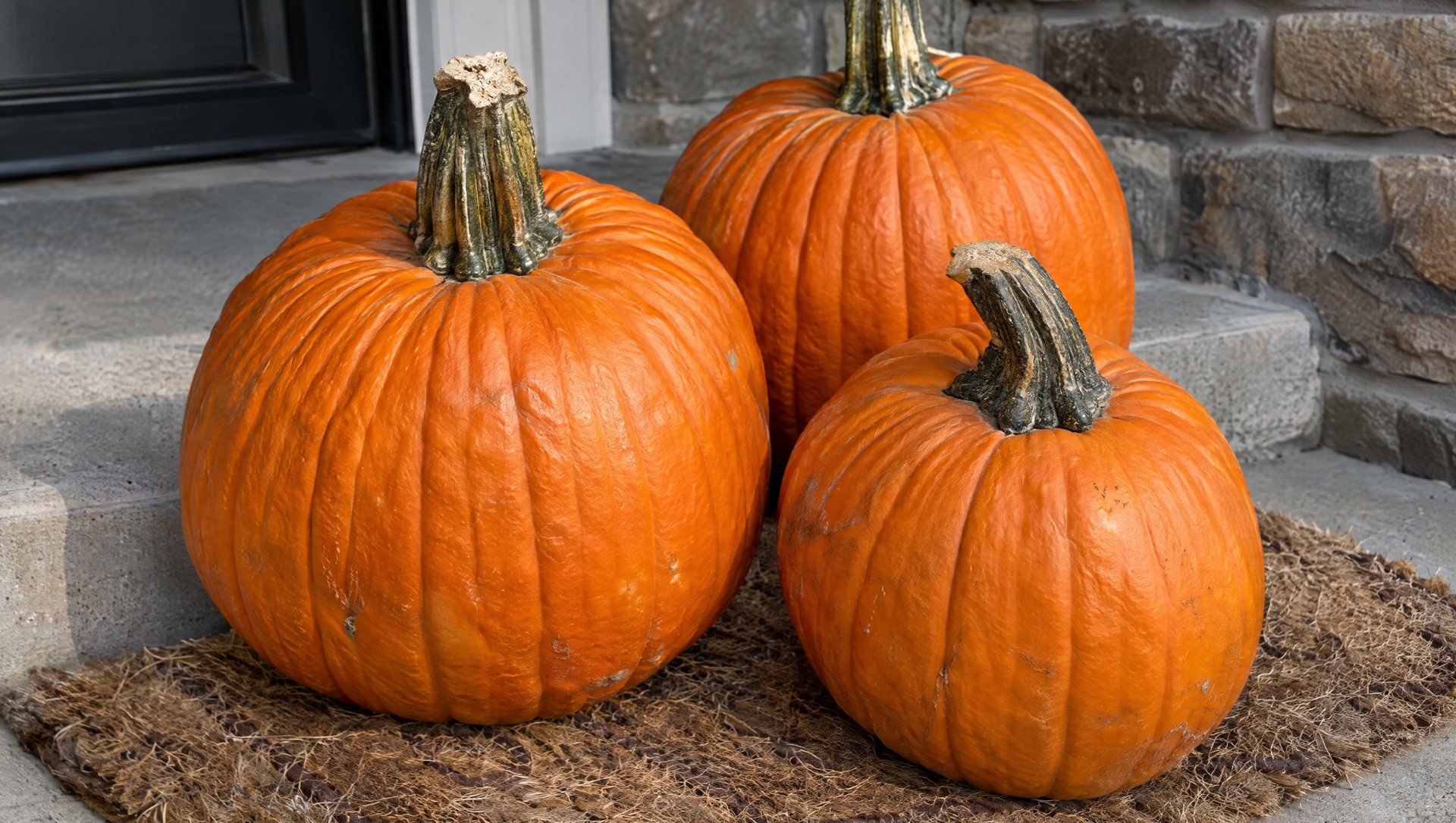 Real pumpkins on a dry mat on porch steps in late-afternoon light
