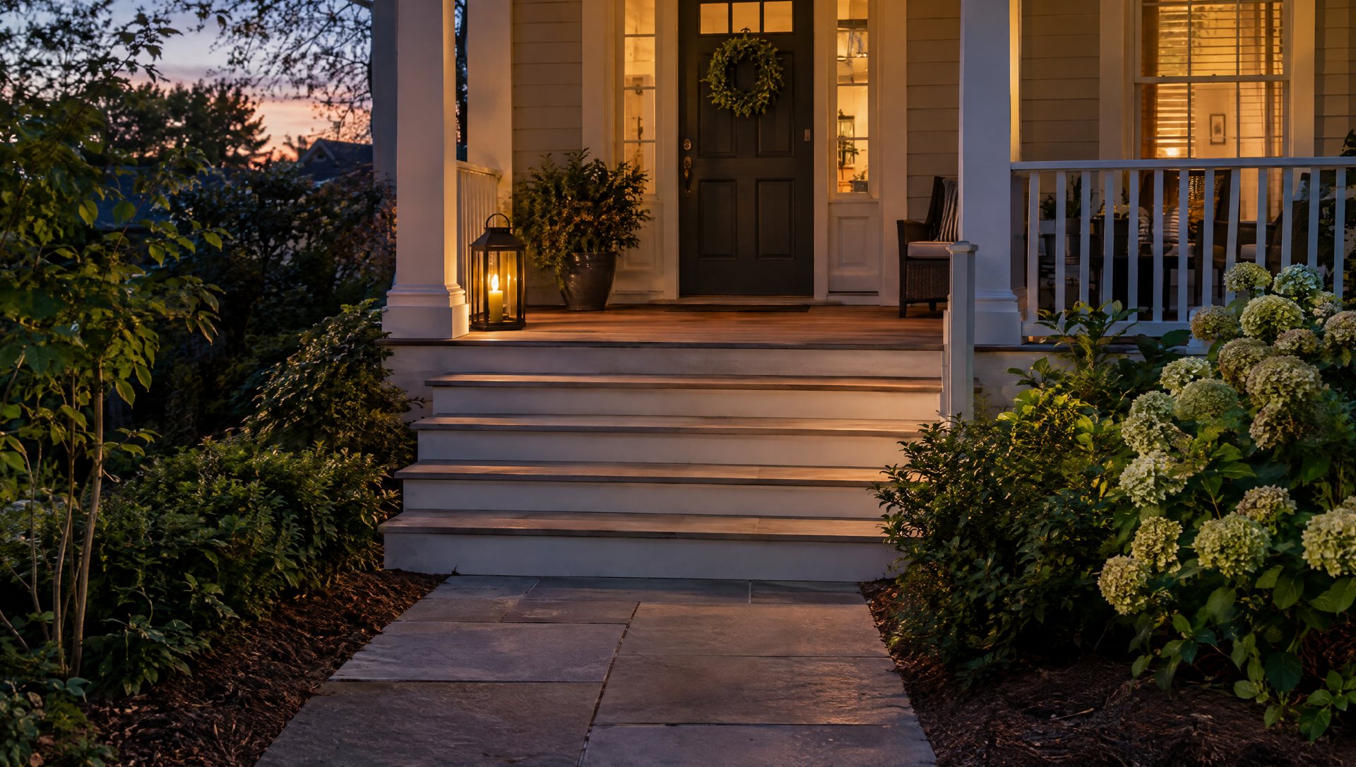 Clearly lit fall porch steps with a lantern set to the side at dusk