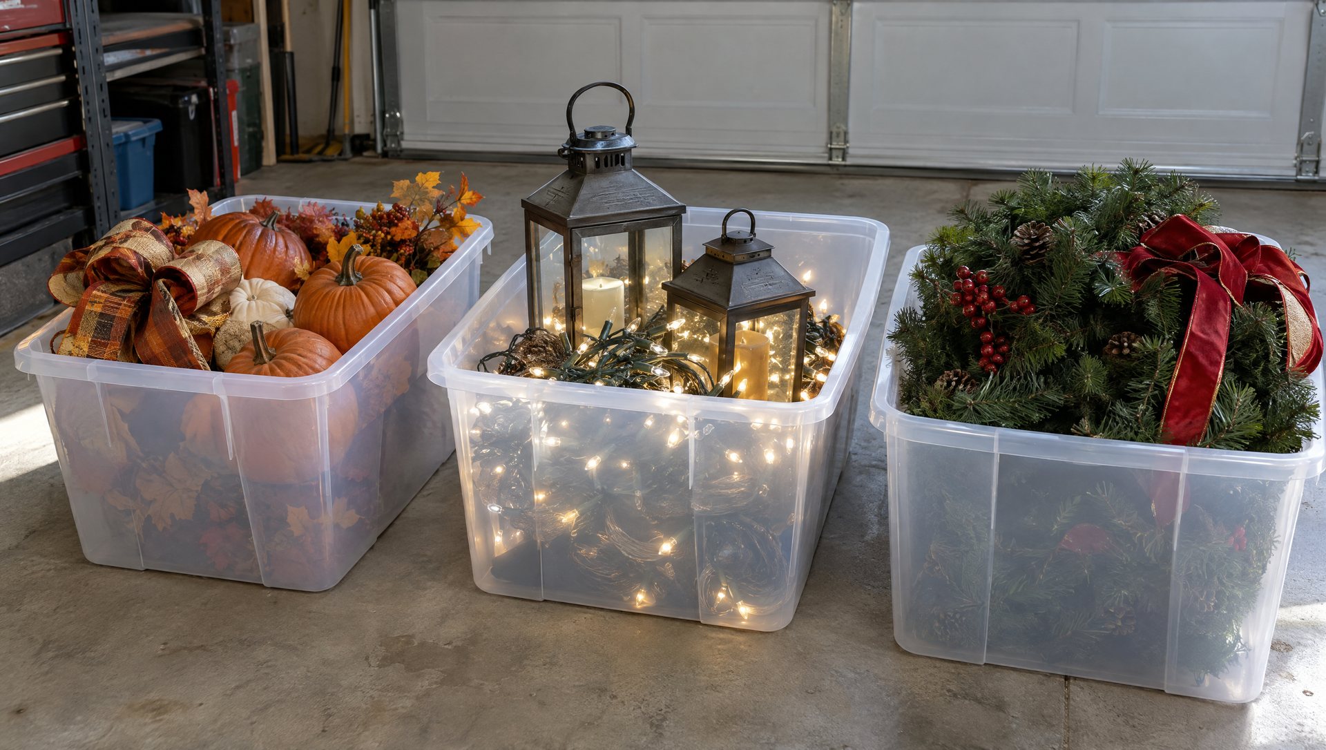 Three storage boxes sorting fall decorations, lights and Christmas accents