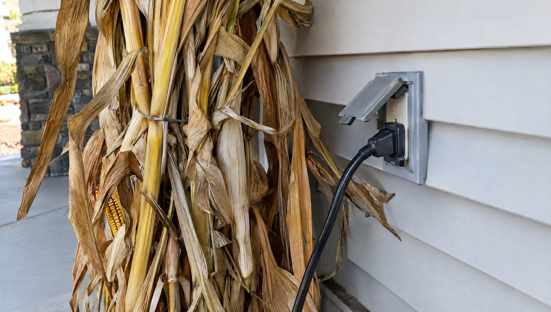 Dried cornstalks leaning too close to an outdoor outlet on a fall porch