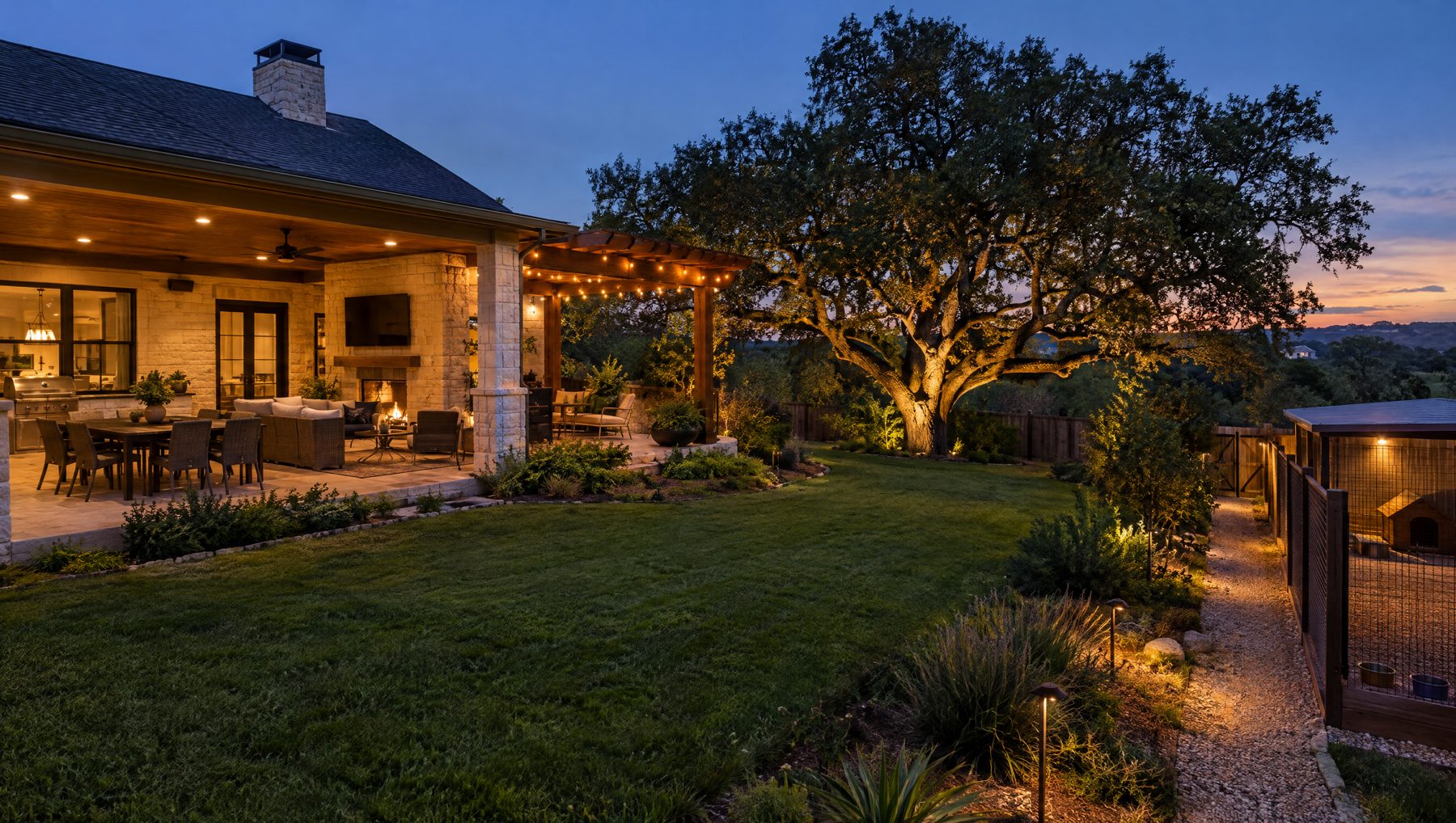 Illustration: patio and pet-area lighting in a backyard, low and warm.