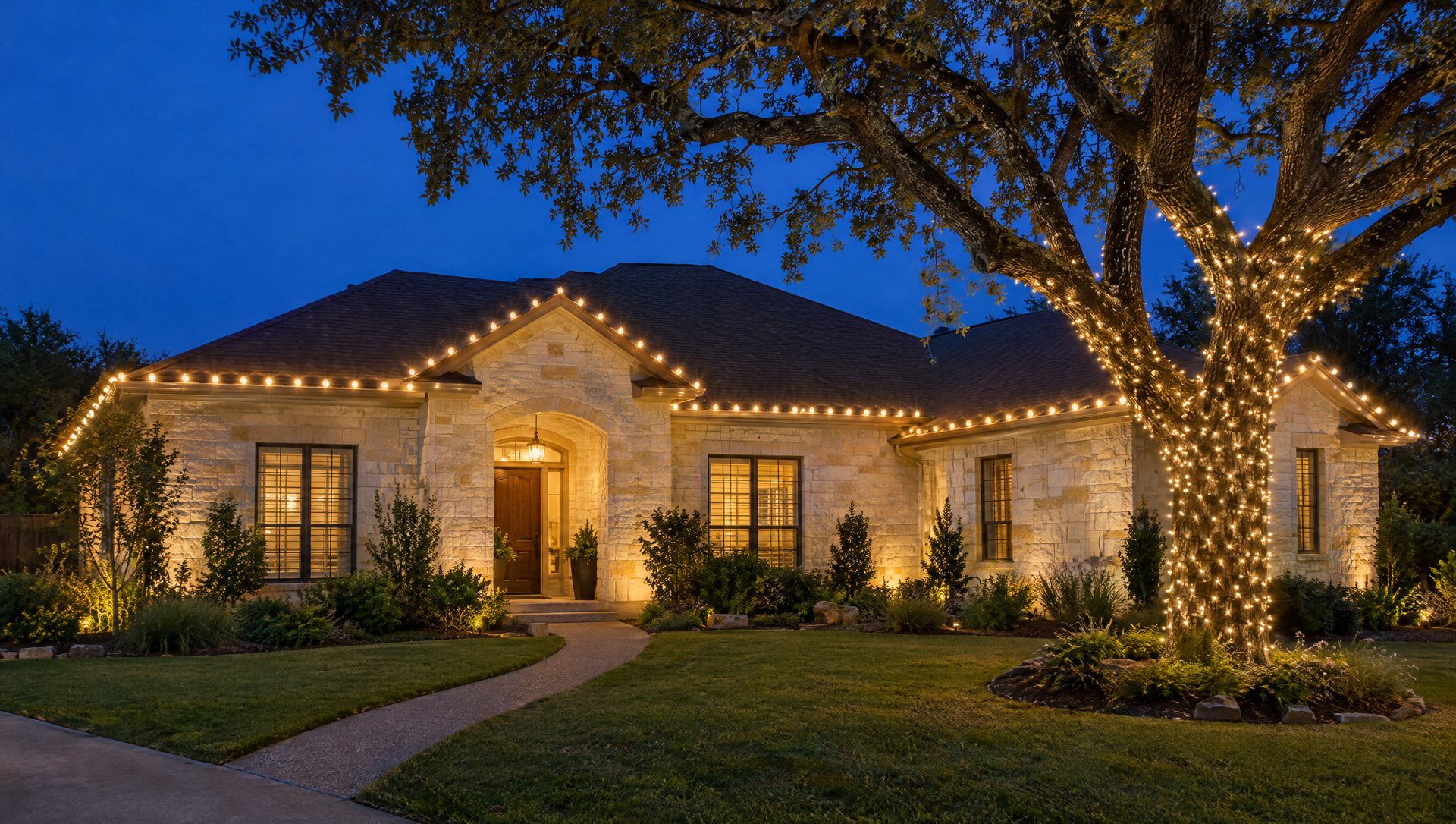 A warm white roofline that stays on the house is the easiest display to fit Cedar Park's lighting standards.