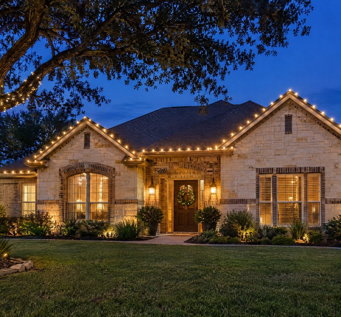 What to Expect From Professional Christmas Light Installation in Austin One-story limestone and brick home at blue hour with even warm white roofline lights, a wrapped live oak and a wreath.