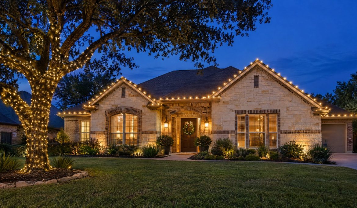 One-story limestone and brick home at blue hour with even warm white roofline lights, a wrapped live oak and a wreath.