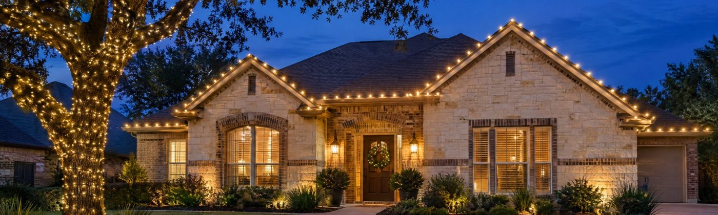 One-story limestone and brick home at blue hour with even warm white roofline lights, a wrapped live oak and a wreath.