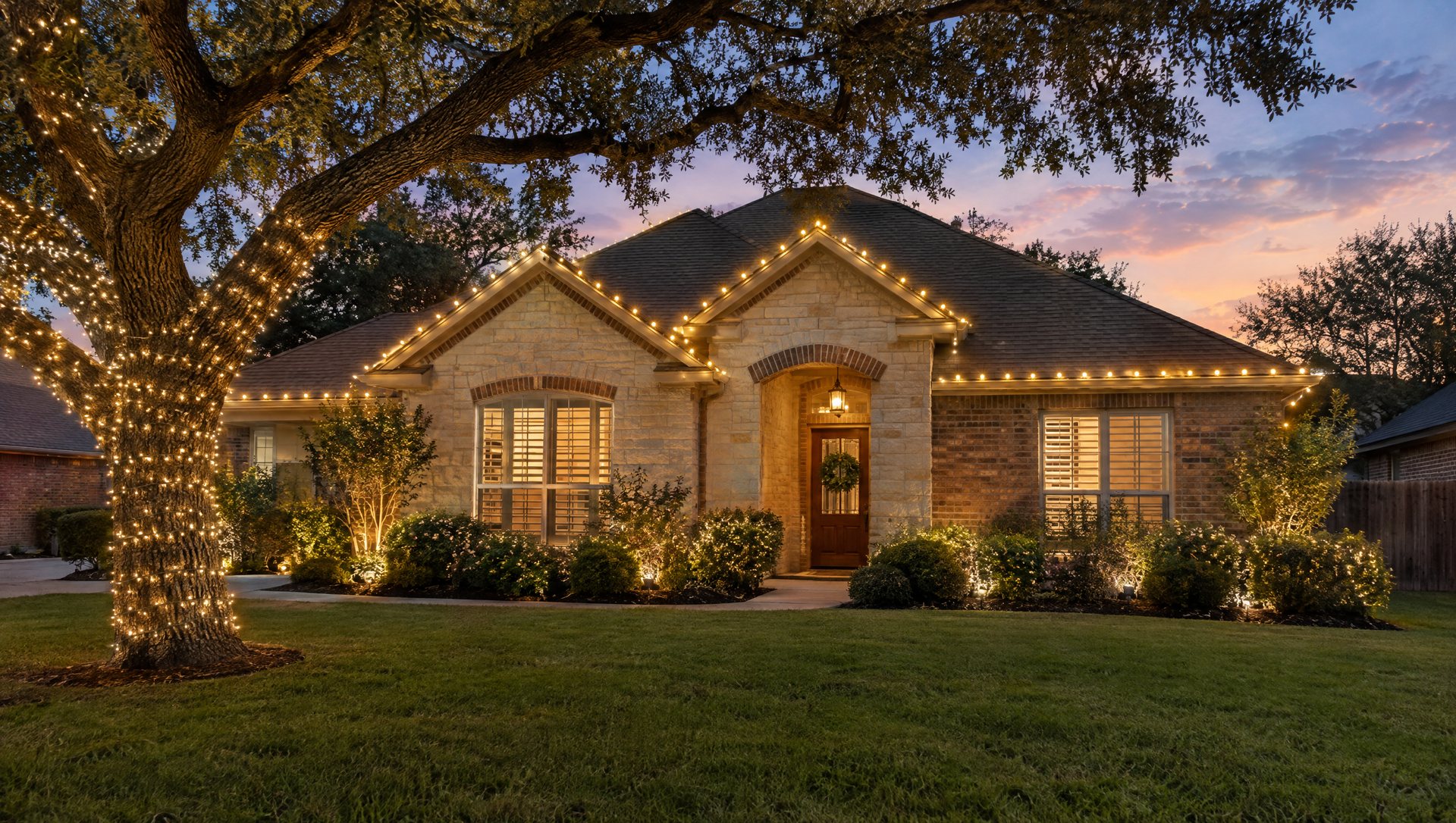 A limestone and brick home at dusk with warm white roofline lights, a wrapped oak trunk and lit shrubs.