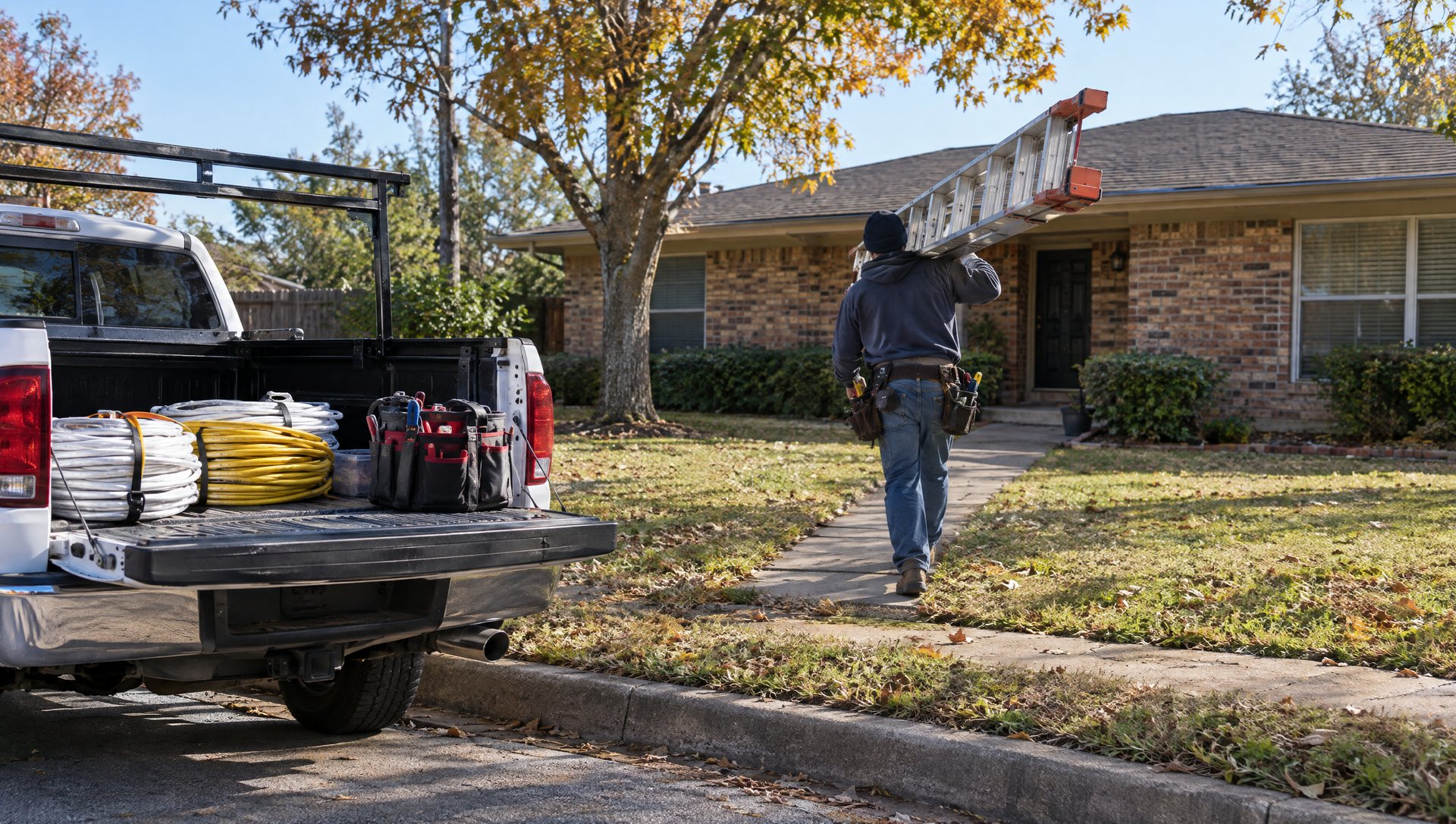 A work truck with coiled lights on the tailgate in front of a brick home, a worker seen from behind carrying a ladder.