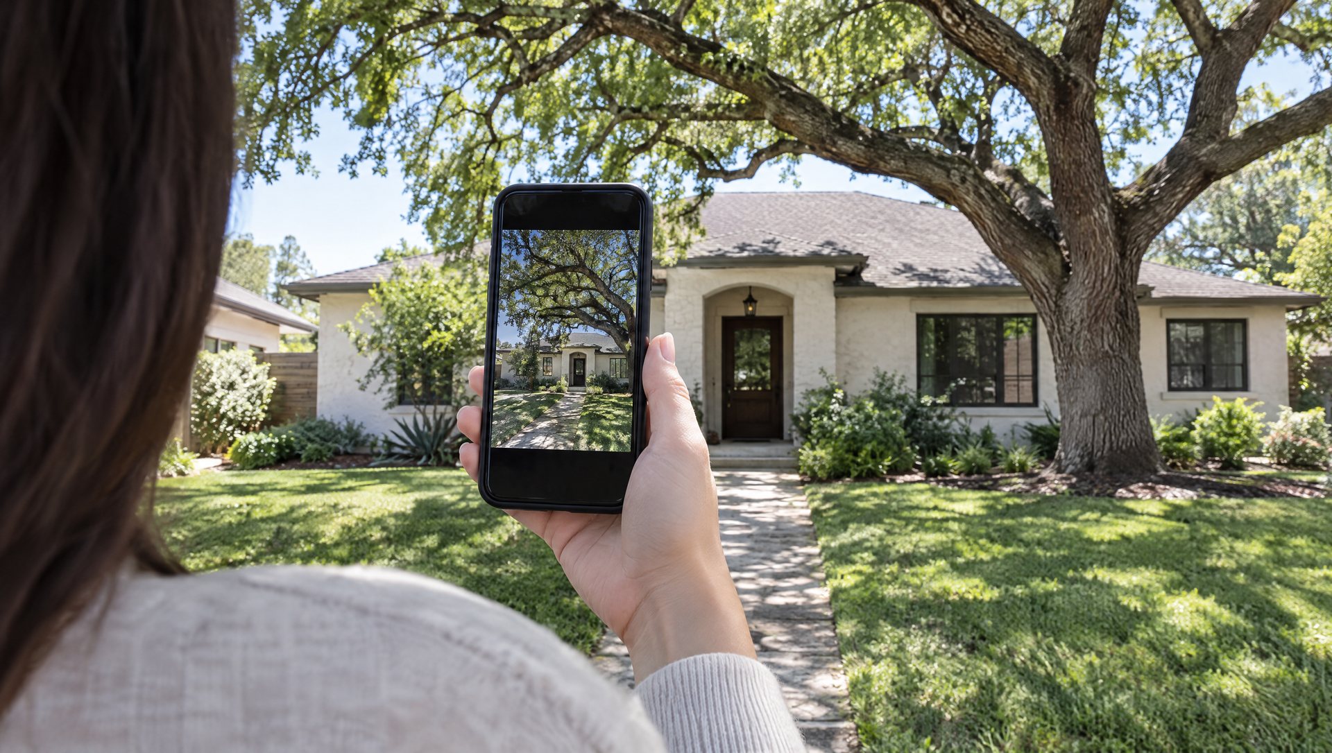 A hand holding a phone up to photograph the front of a stucco home in daylight.