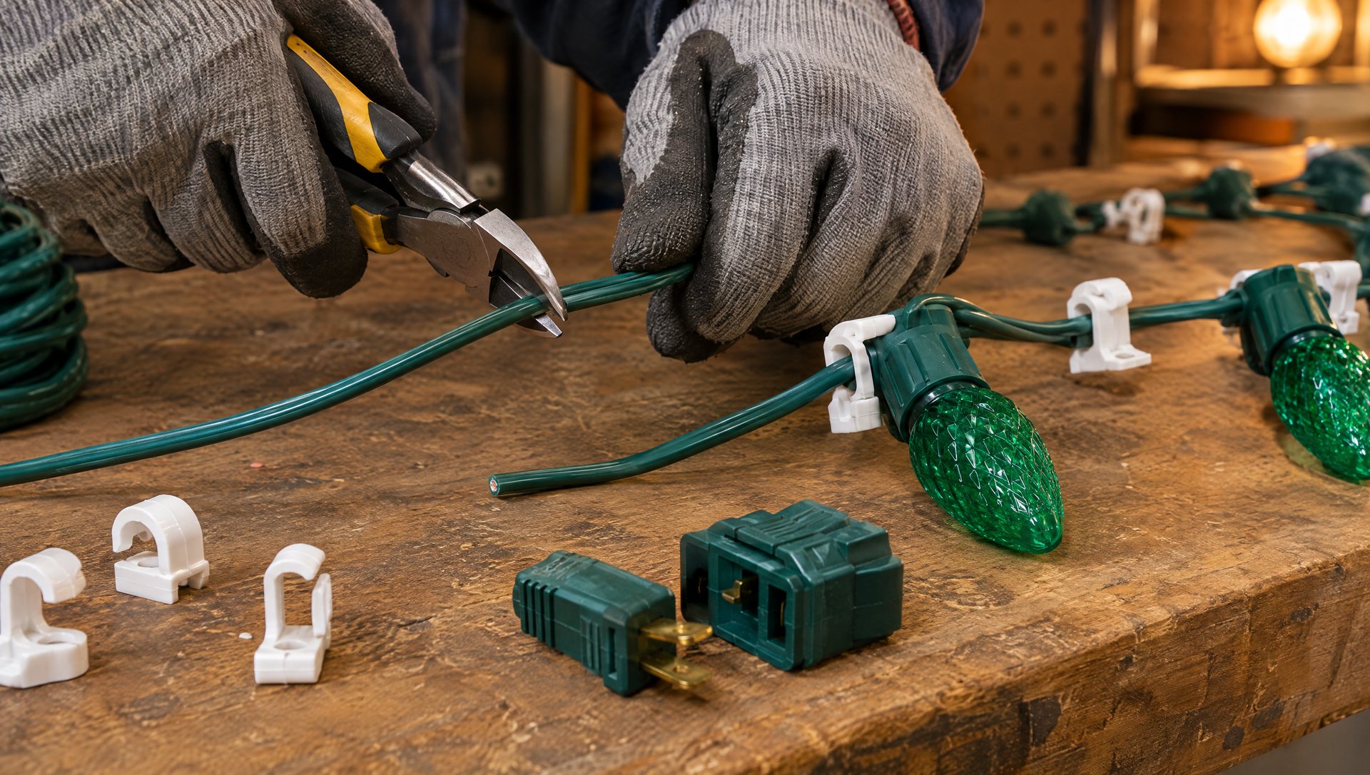 Gloved hands cutting C9 socket wire to length beside slide-on plugs and pre-attached clips on a workbench.