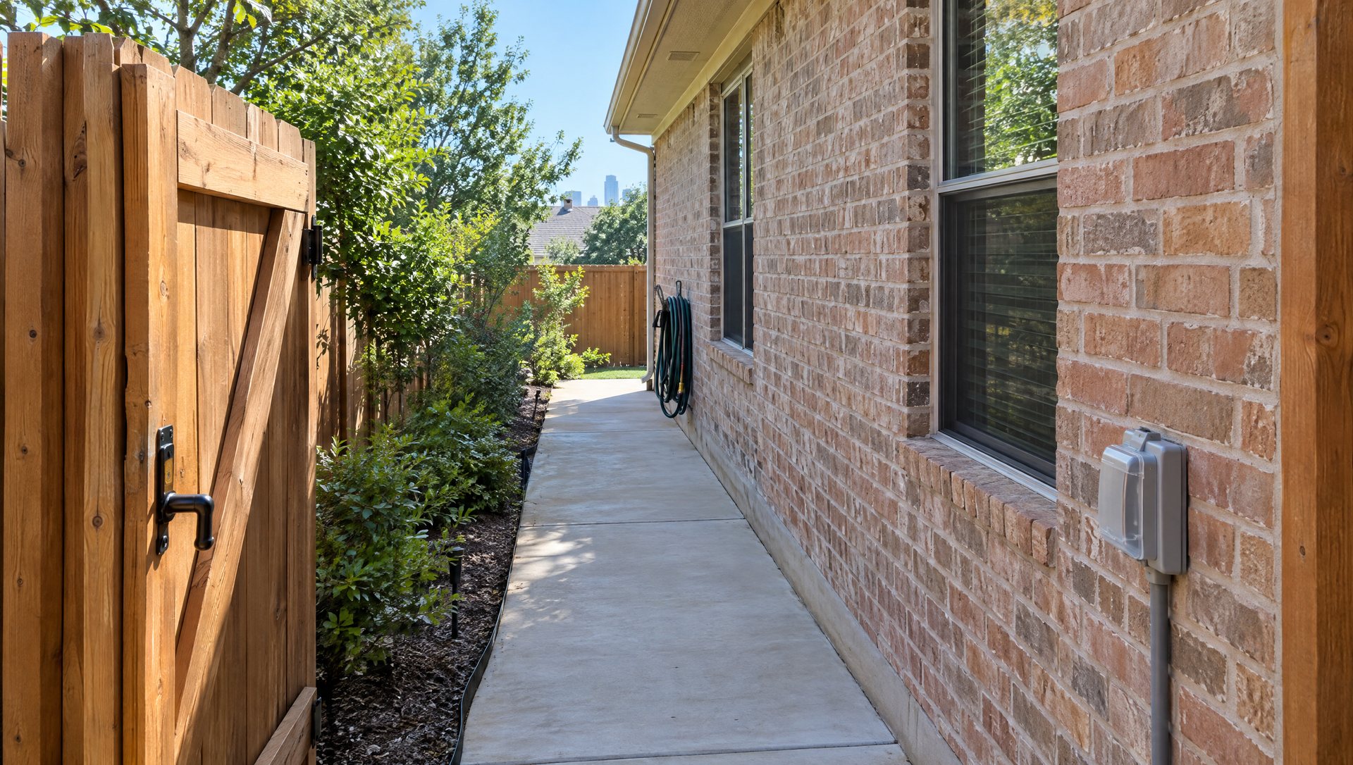 An open side gate and a clear path along a brick home with a covered outdoor outlet on the wall.