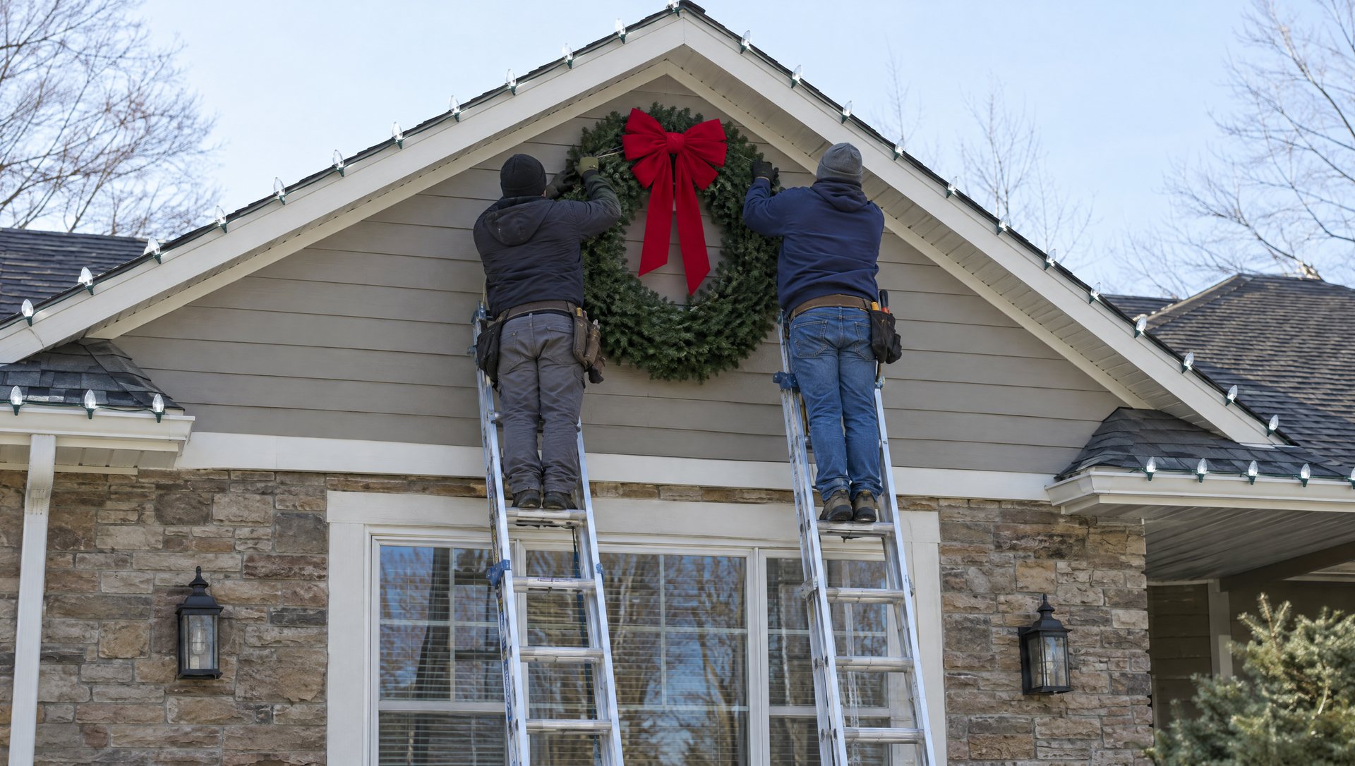 Two installers seen from behind hanging a wreath on a gable in daylight, with unlit bulbs clipped along the roof edges.
