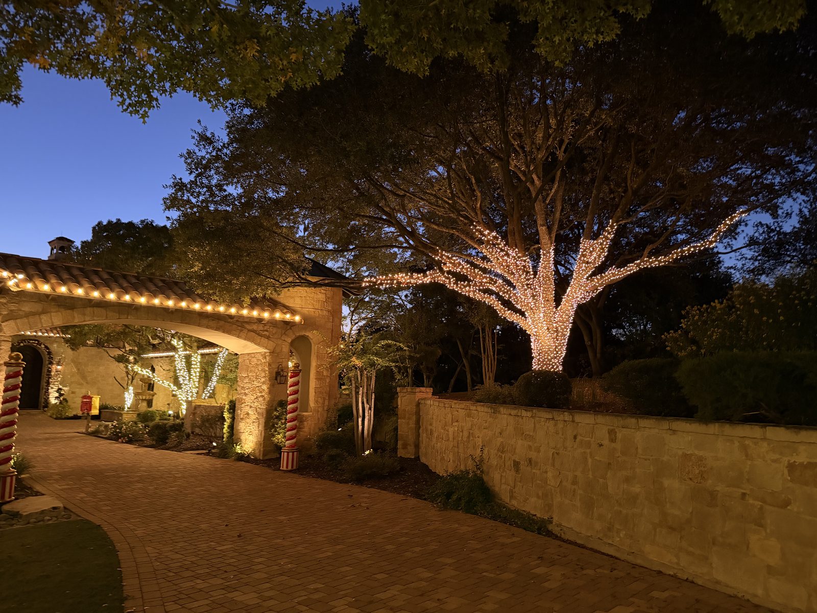 Sapien Lighting install: warm white lights on a stone estate roofline and a fully wrapped live oak at dusk