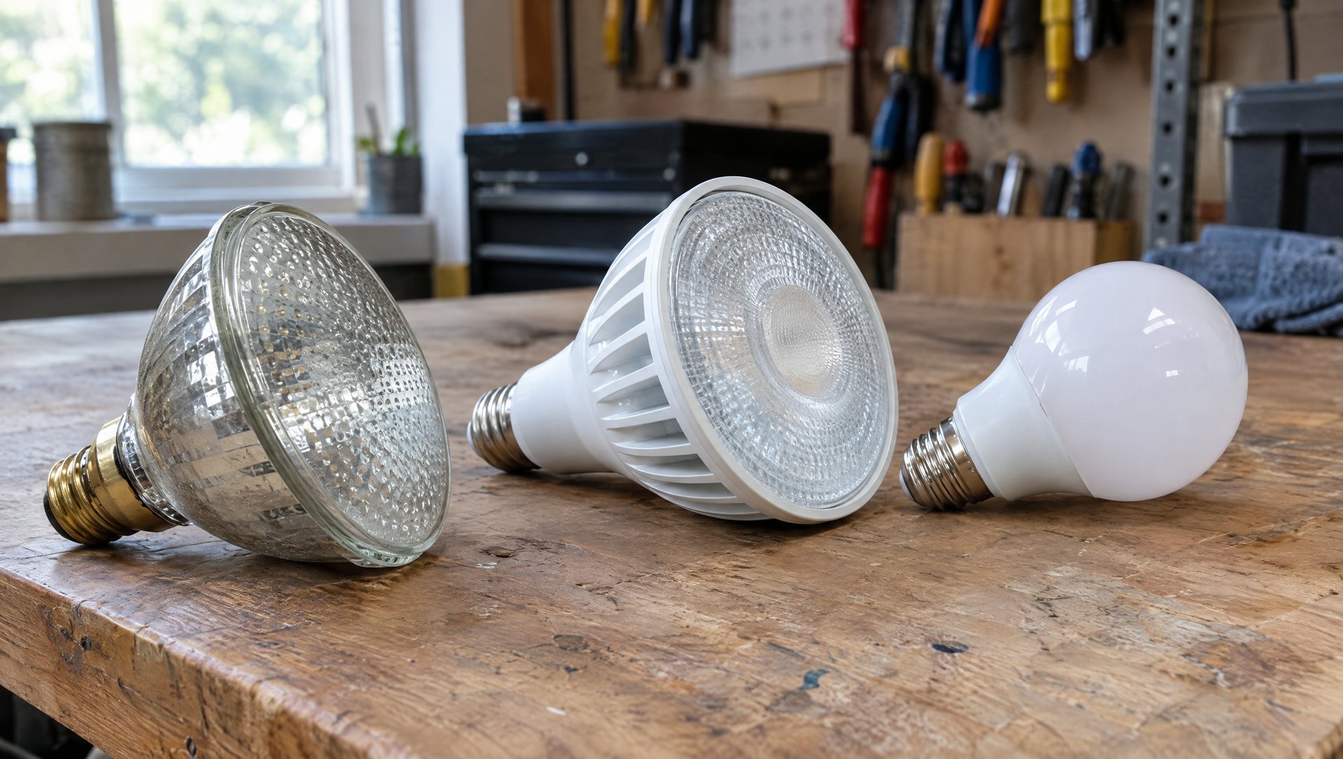 An old halogen flood bulb beside LED flood and LED A19 bulbs on a wooden workbench
