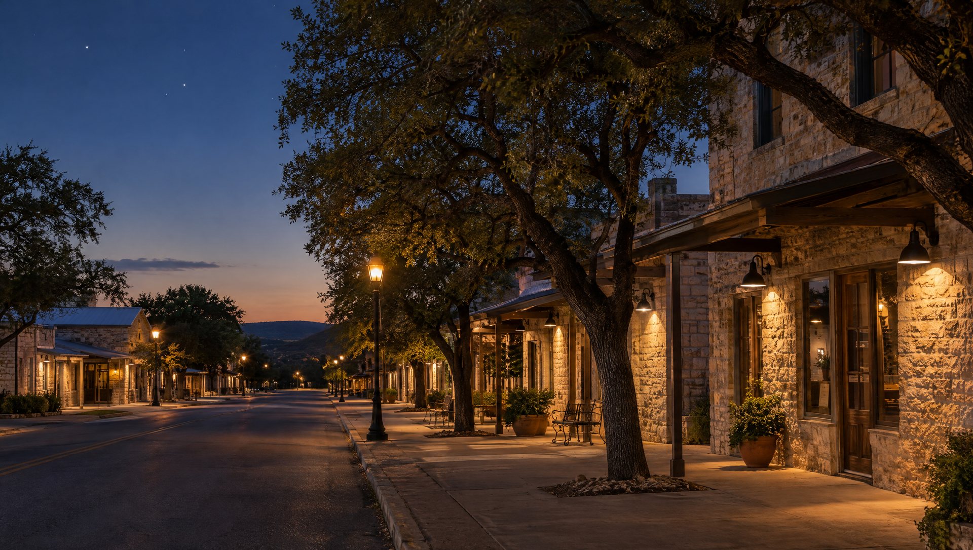 Hill Country main street at dusk with limestone storefronts lit by shielded downward fixtures under a dark sky