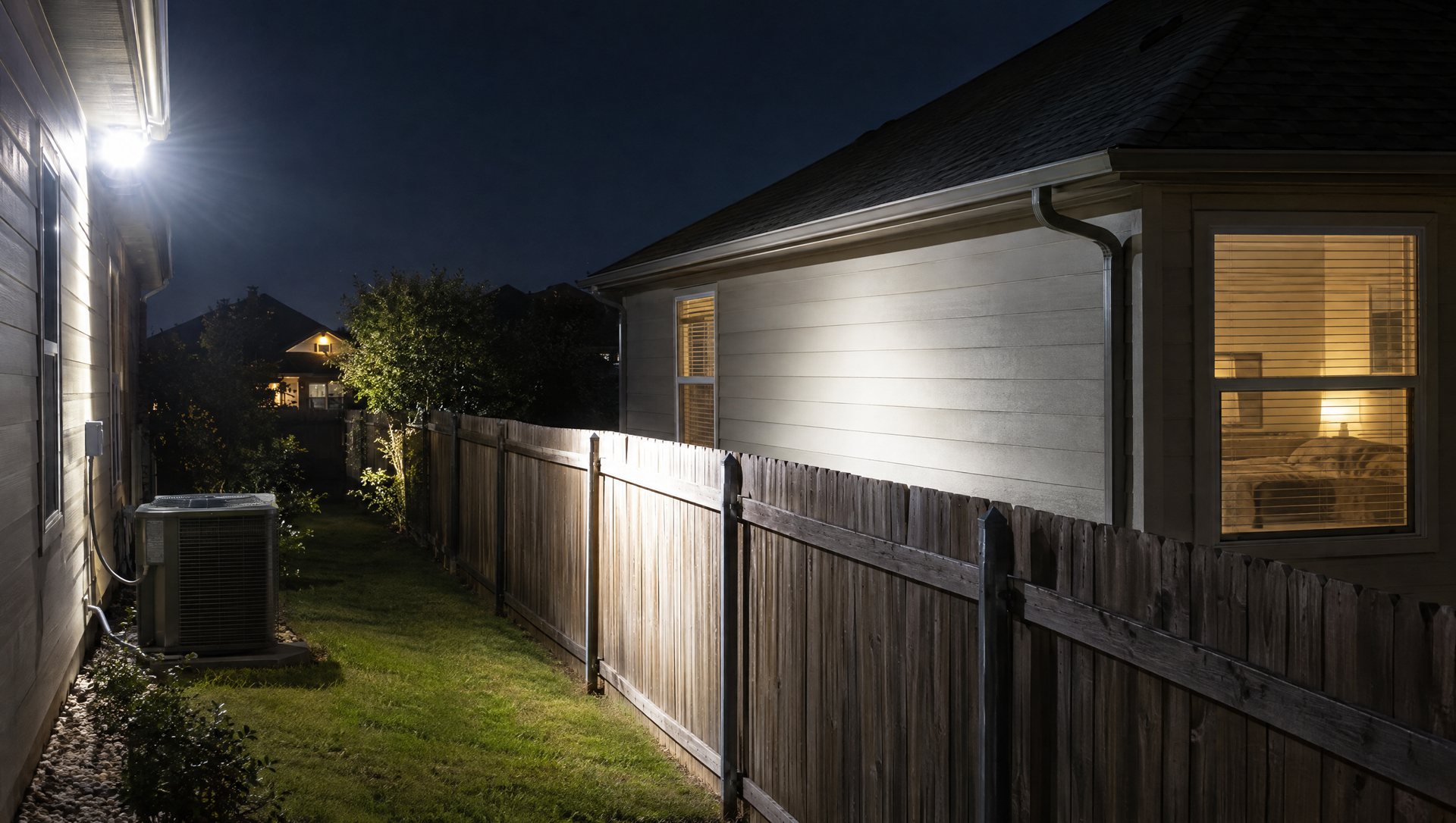 Unshielded floodlight glaring across a side yard toward a neighbor's window over a wooden fence