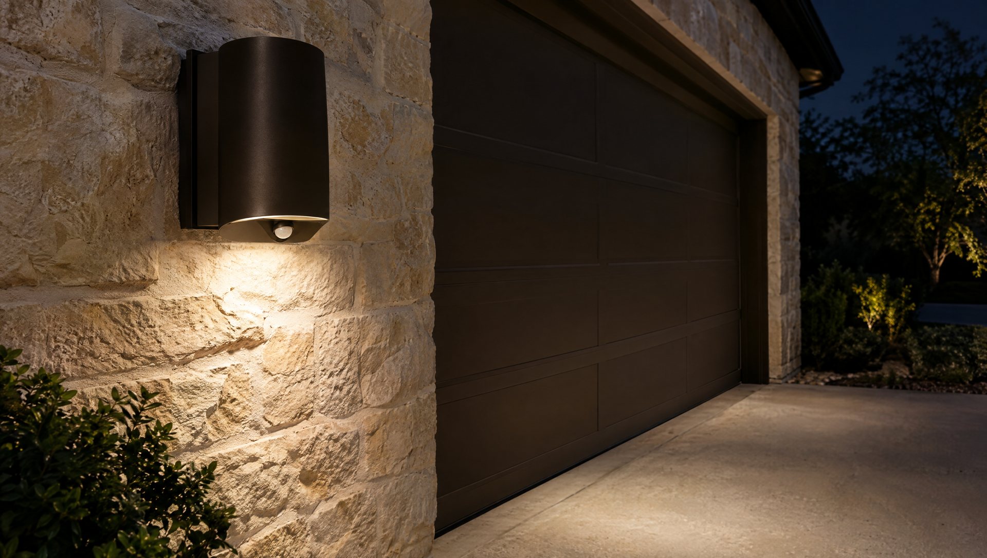 Shielded bronze LED wall light with a motion sensor on a limestone wall, lighting the driveway below