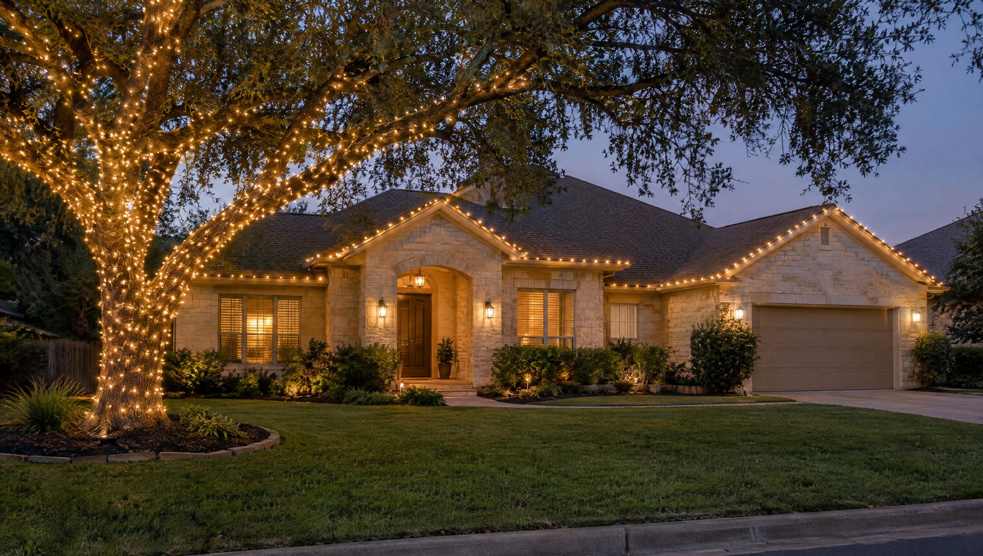 Austin limestone home with warm white roofline lights and a live oak wrapped in warm white mini lights