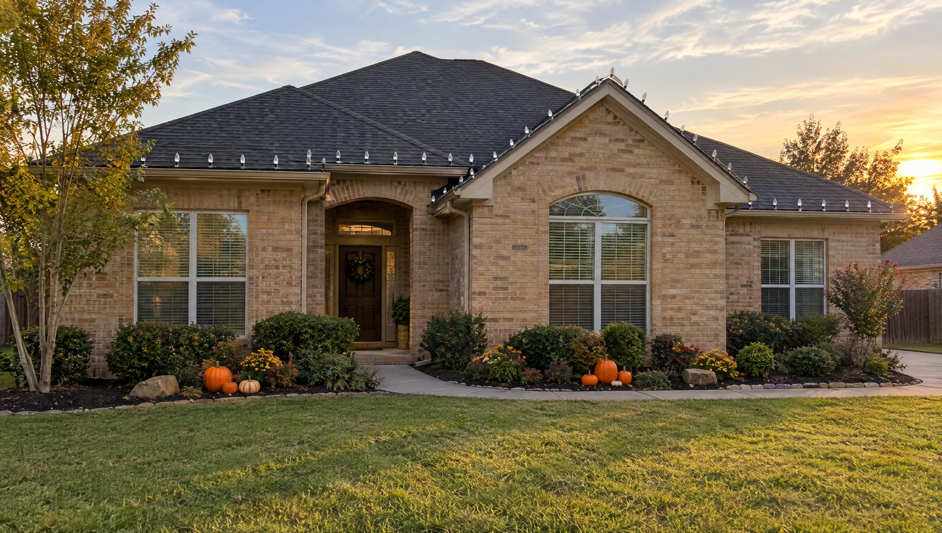One-story brick home in daylight with a straight row of unlit Christmas bulbs along the gutter and gables, pumpkins in the front bed