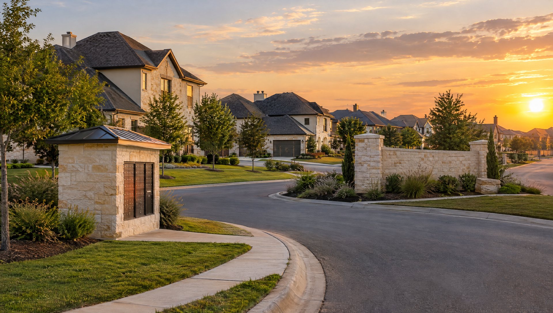 Master-planned Central Texas neighborhood with matching limestone and stucco homes at golden hour