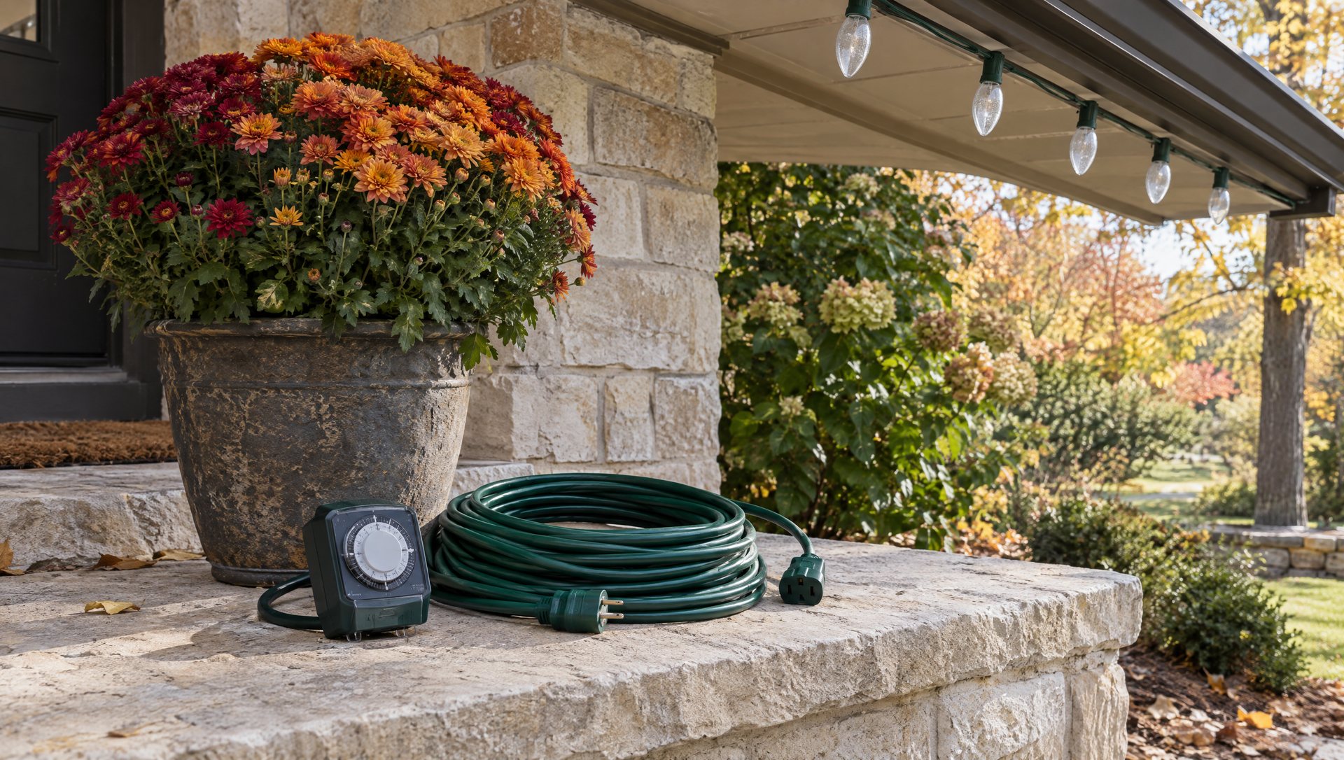 Outdoor timer and coiled lead on a limestone porch step under a roofline of unlit bulbs