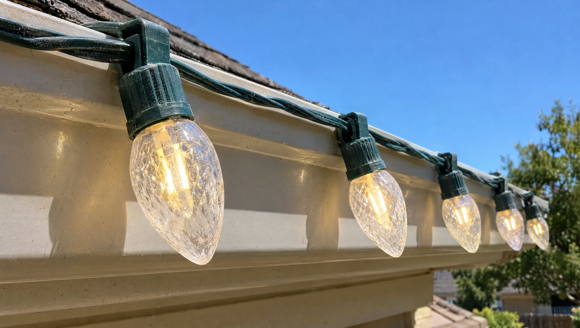 Close view of LED C9 bulbs clipped to a gutter in bright midday sun