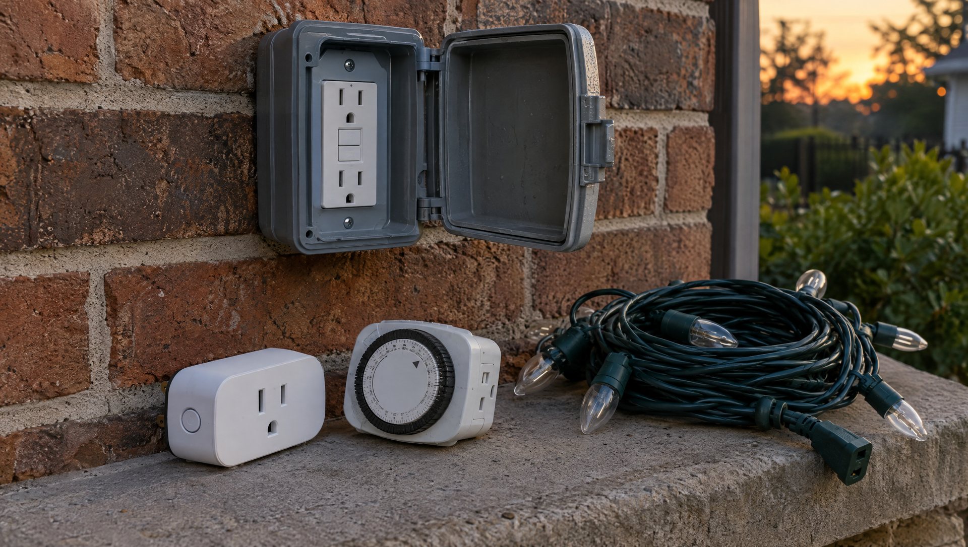 Outdoor GFCI outlet on a brick wall with a smart plug, dial timer and coiled light lead nearby
