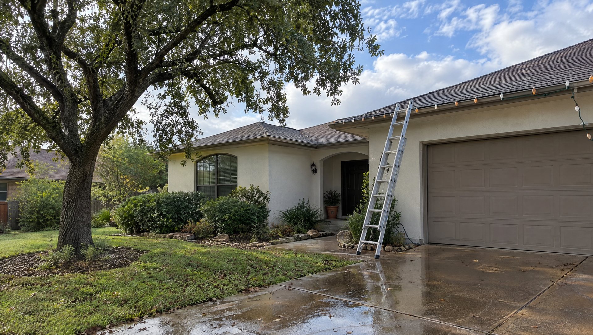 One-story stucco home in October with a ladder against the eave and a half-finished row of bulbs