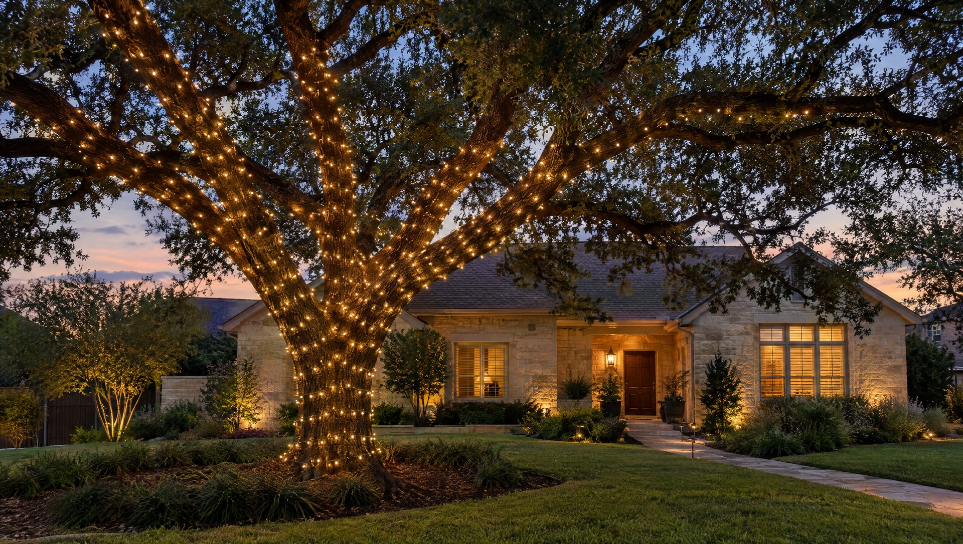 Live oak at dusk with trunk and limbs wrapped in warm white lights in front of a limestone home