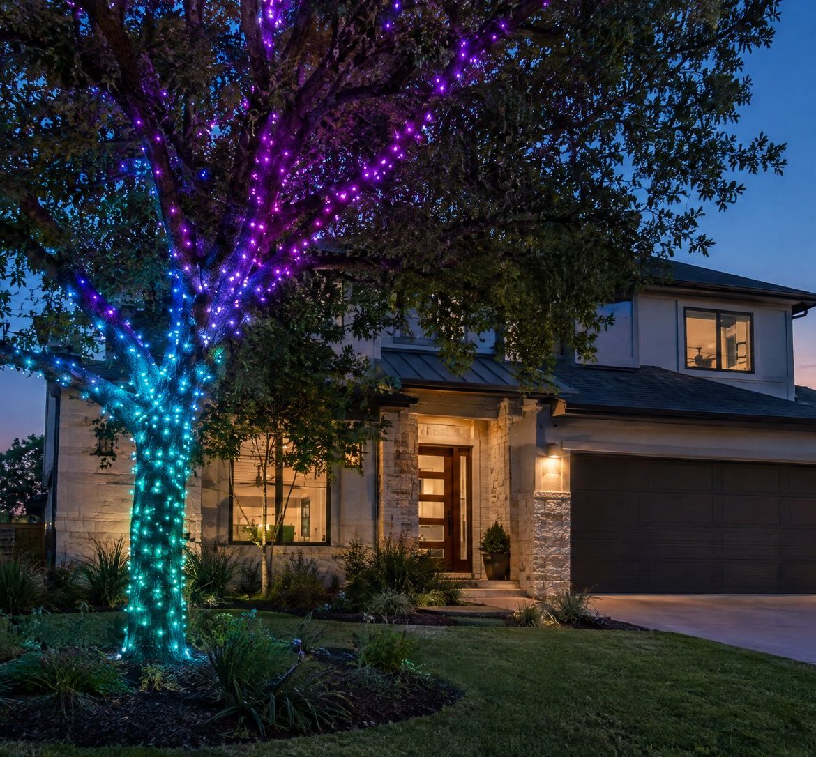 Twinkly and Smart Christmas Lights: Are App-Controlled Lights Worth It Outside? Front-yard tree wrapped in smart RGB lights showing a color gradient