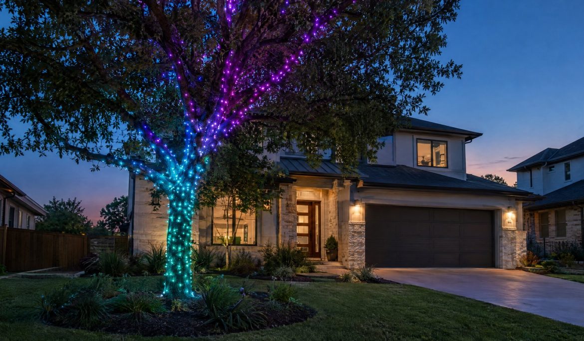 Front-yard tree wrapped in smart RGB lights showing a color gradient