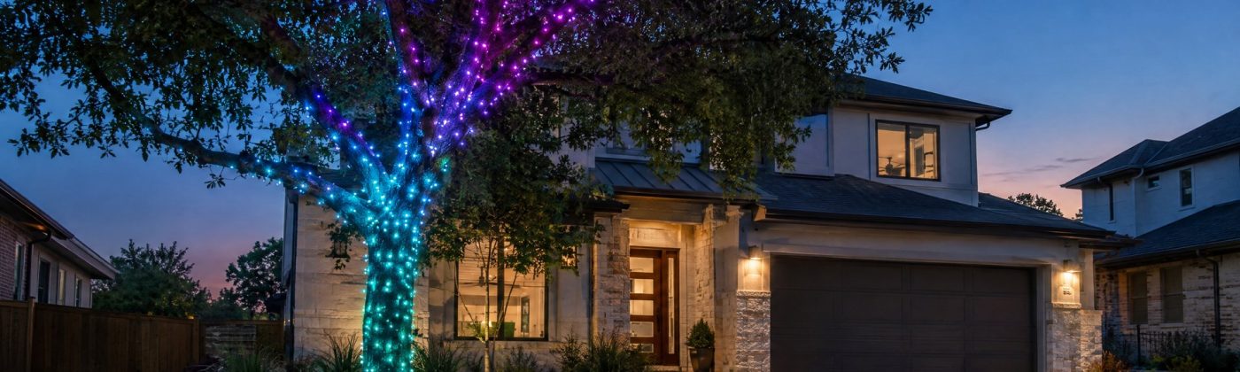 Front-yard tree wrapped in smart RGB lights showing a color gradient