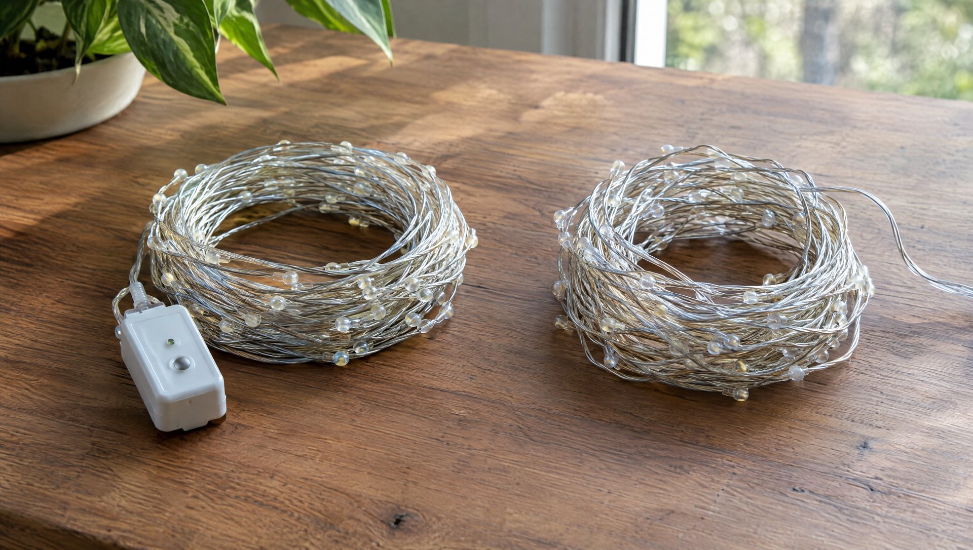App-controlled smart Christmas light string beside a conventional string