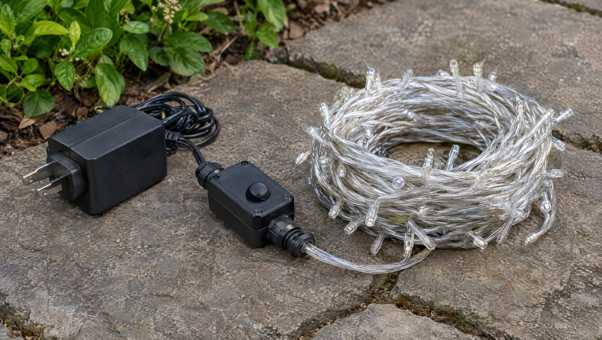 Smart Christmas light controller and power adapter beside an outdoor LED string