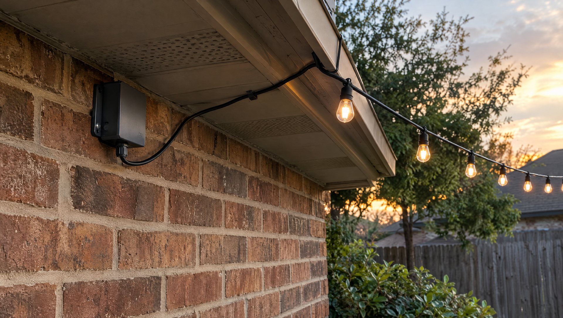 Smart Christmas light controller mounted in shade under an eave off the ground