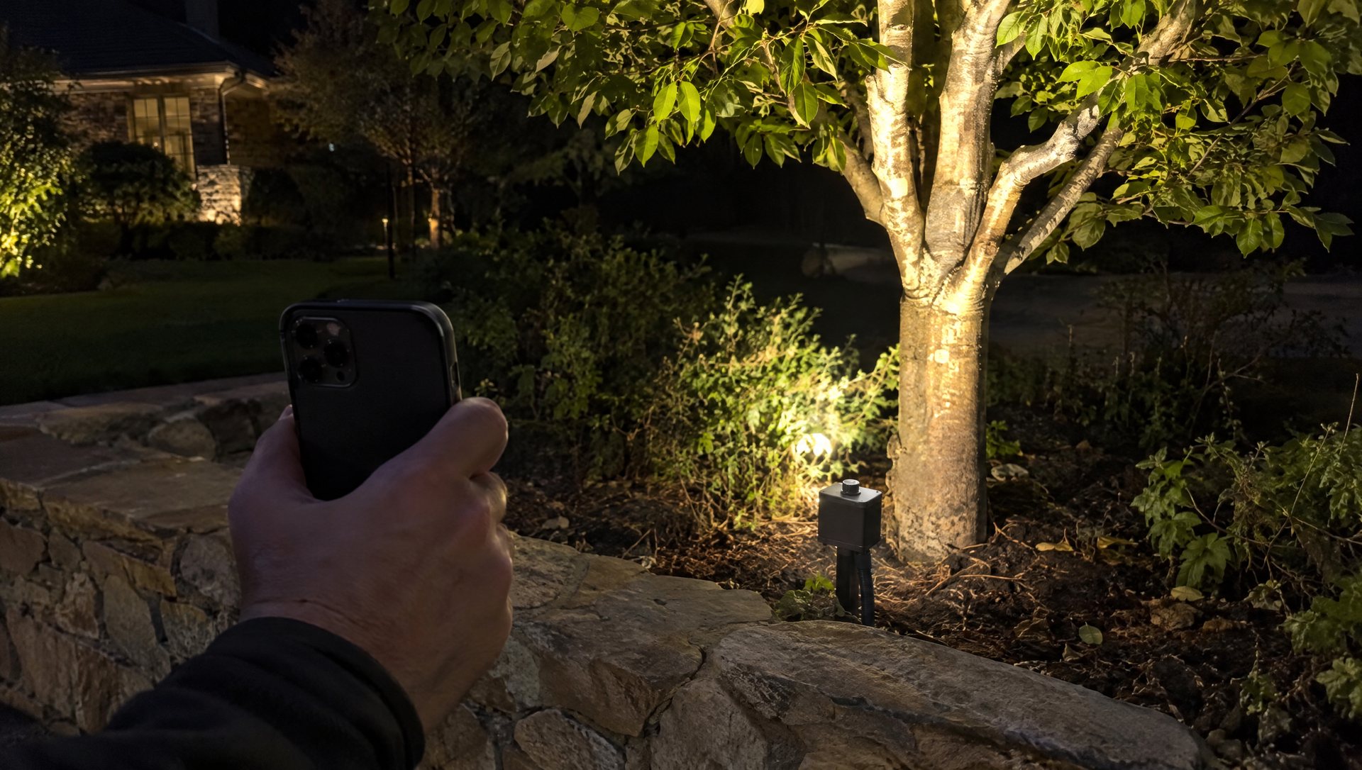 Checking Wi-Fi signal at a smart Christmas light controller beside a yard tree