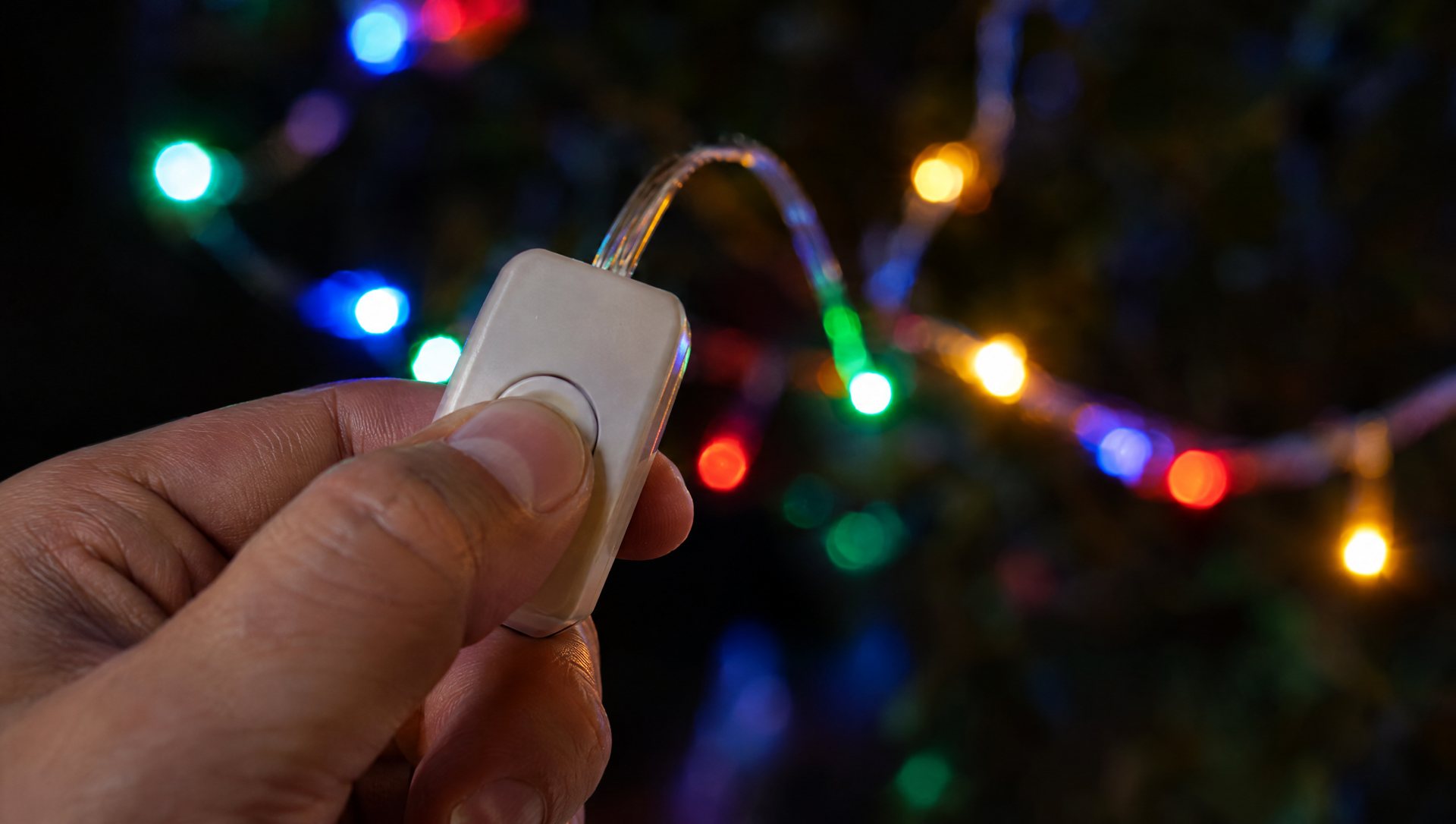 Thumb pressing a smart light controller button to cycle effects at night