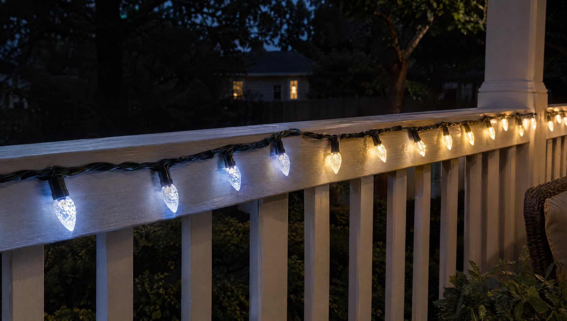 Mixed RGB white beside true warm-white smart Christmas lights on a porch rail