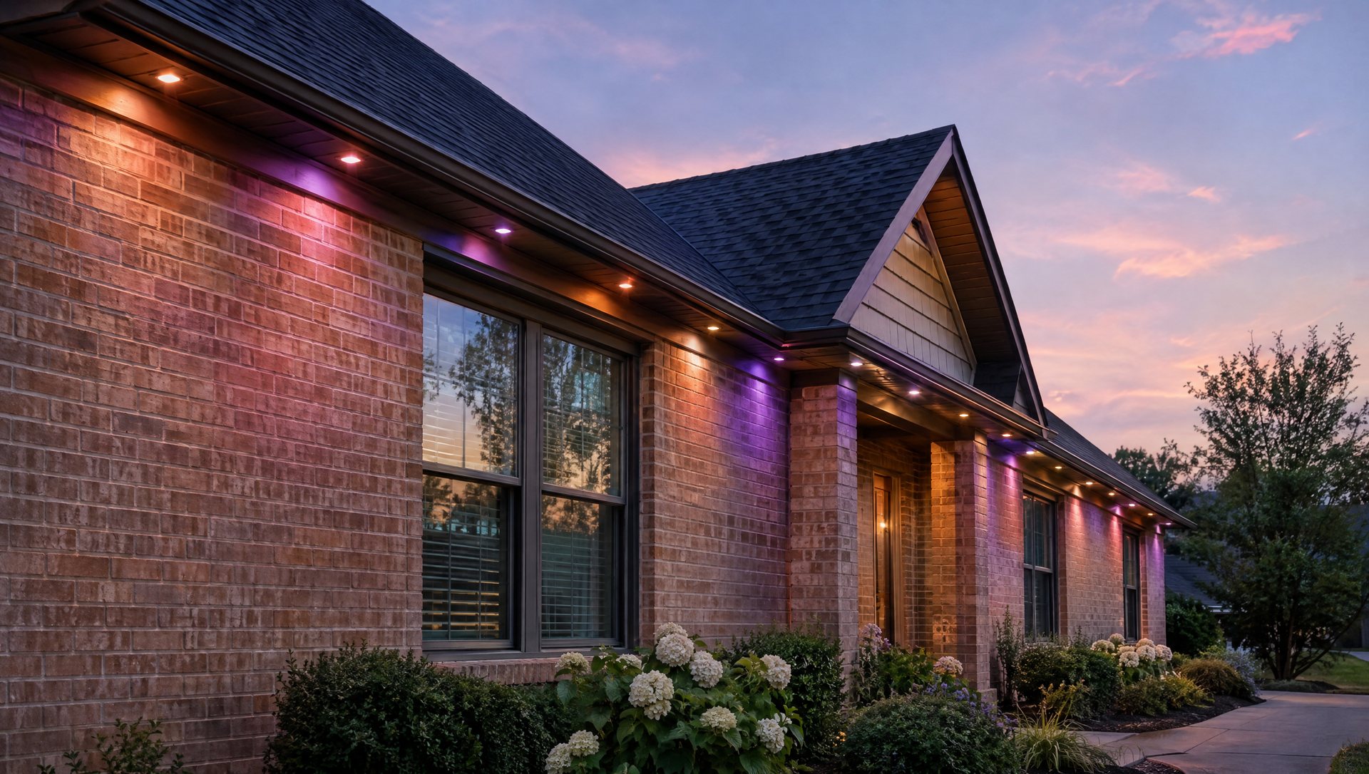 Permanent track lights glowing along a brick home's eaves at dusk