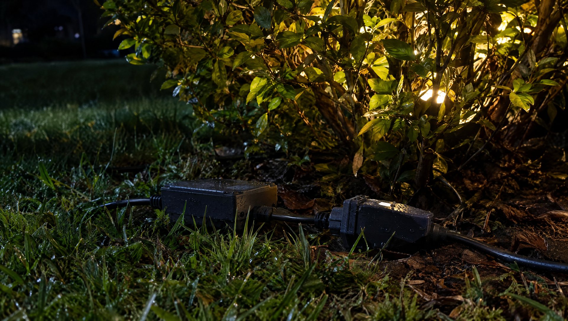 Smart light controller left on damp grass, an outdoor setup mistake