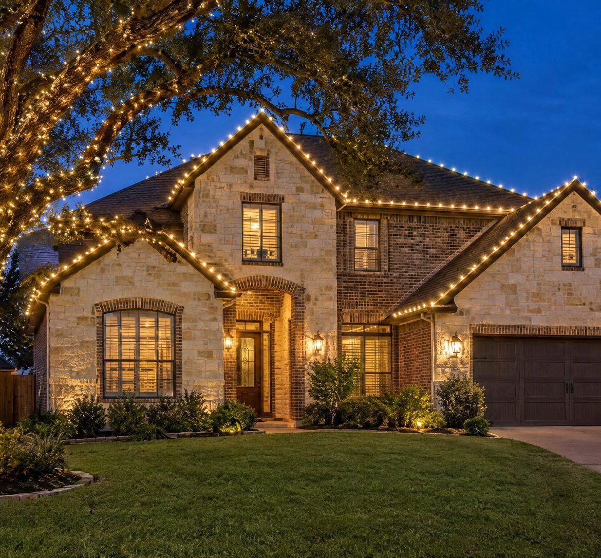 Why Is Christmas Light Installation So Expensive? A Line-by-Line Breakdown Two-story limestone and brick home at blue hour with warm white roofline lights and a wrapped live oak.