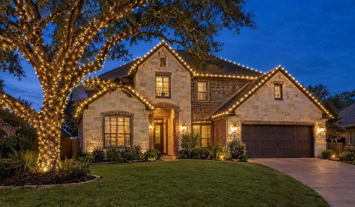 Two-story limestone and brick home at blue hour with warm white roofline lights and a wrapped live oak.