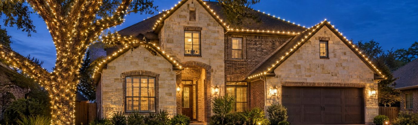 Two-story limestone and brick home at blue hour with warm white roofline lights and a wrapped live oak.