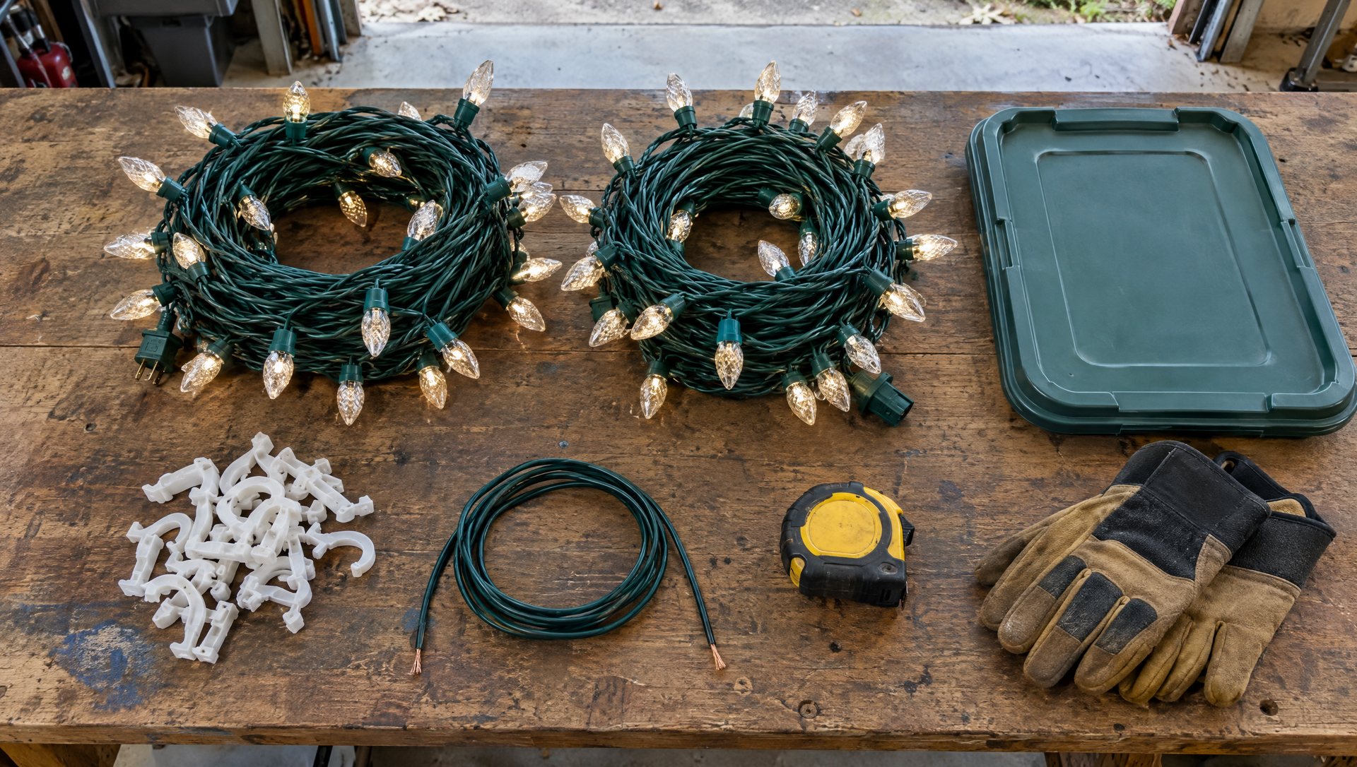 Coiled commercial light strings, gutter clips, socket wire and a tape measure laid out on a garage workbench.