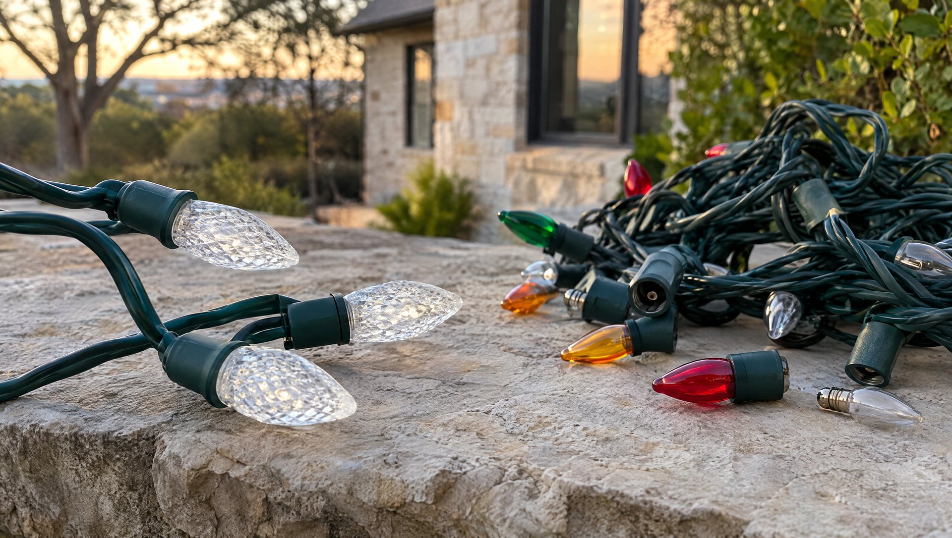 A sealed commercial C9 light string beside a looser retail strand on a limestone ledge.