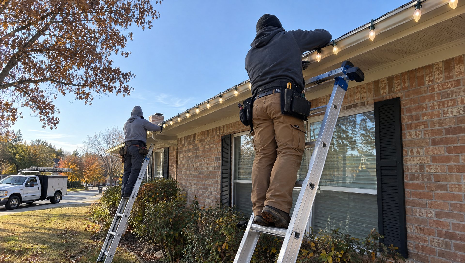 Two installers seen from behind clipping warm white lights along the gutter of a one-story brick house.