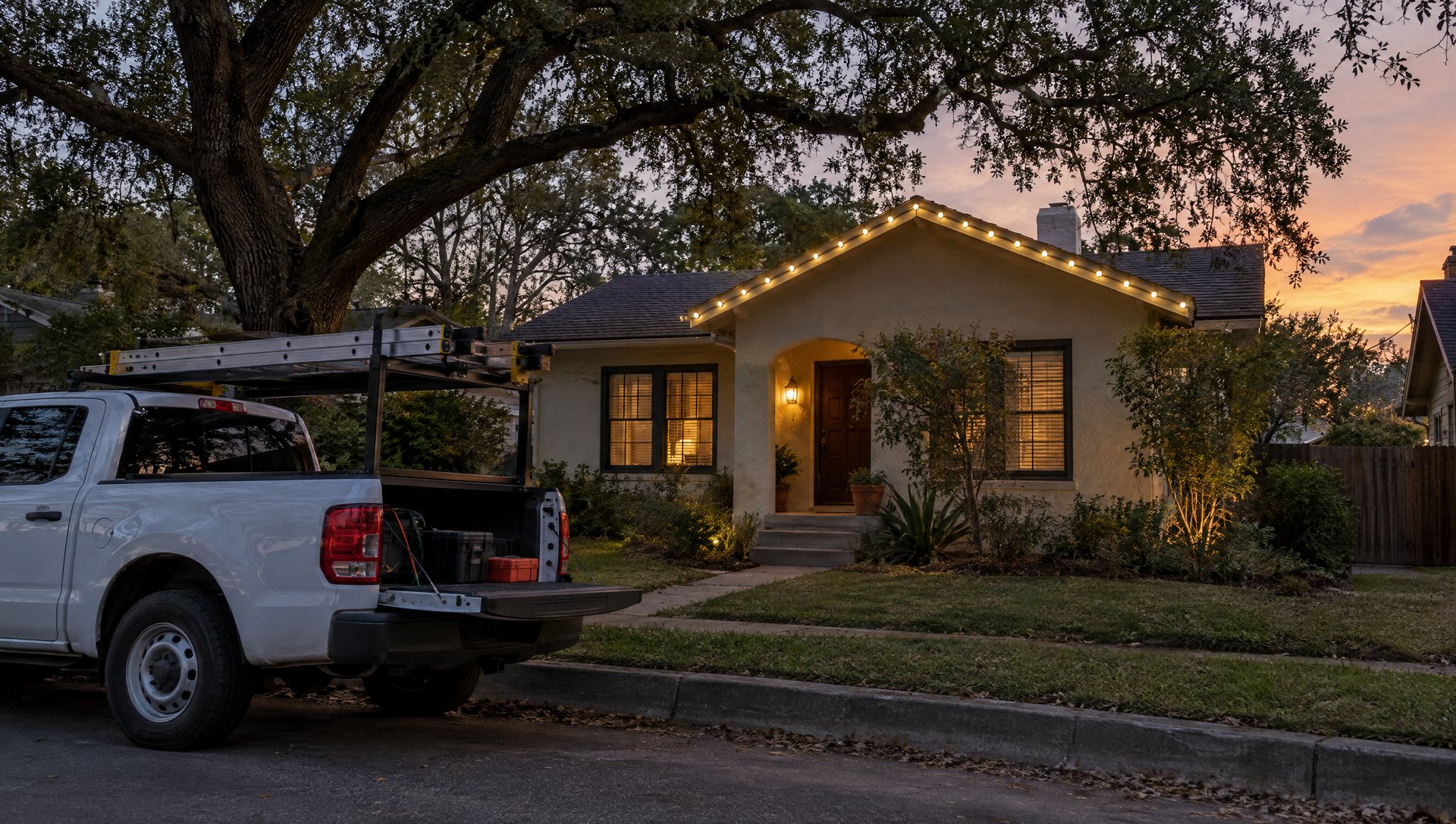 A small bungalow with a short lit roofline and a work truck at the curb at dusk.