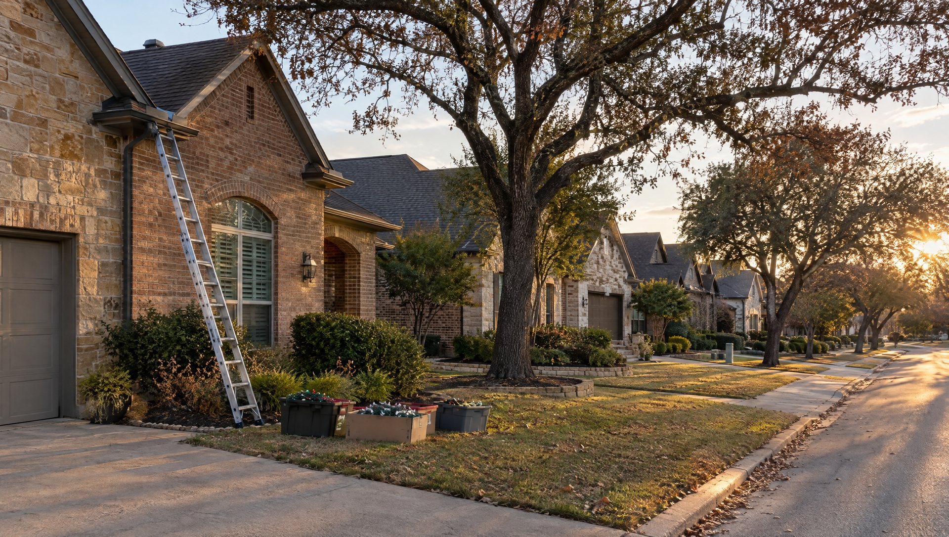 A suburban Austin street in late November with a ladder and boxes of lights in front of one home.