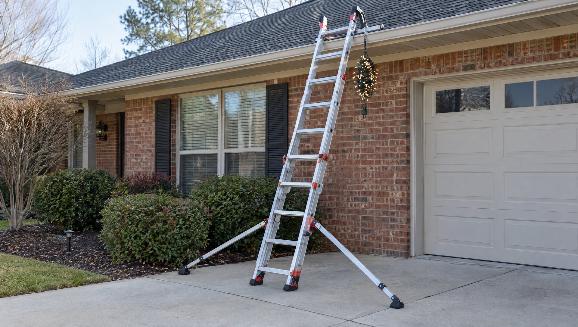 An extension ladder with a stabilizer set against a brick home's gutter, a coil of lights hanging from it.