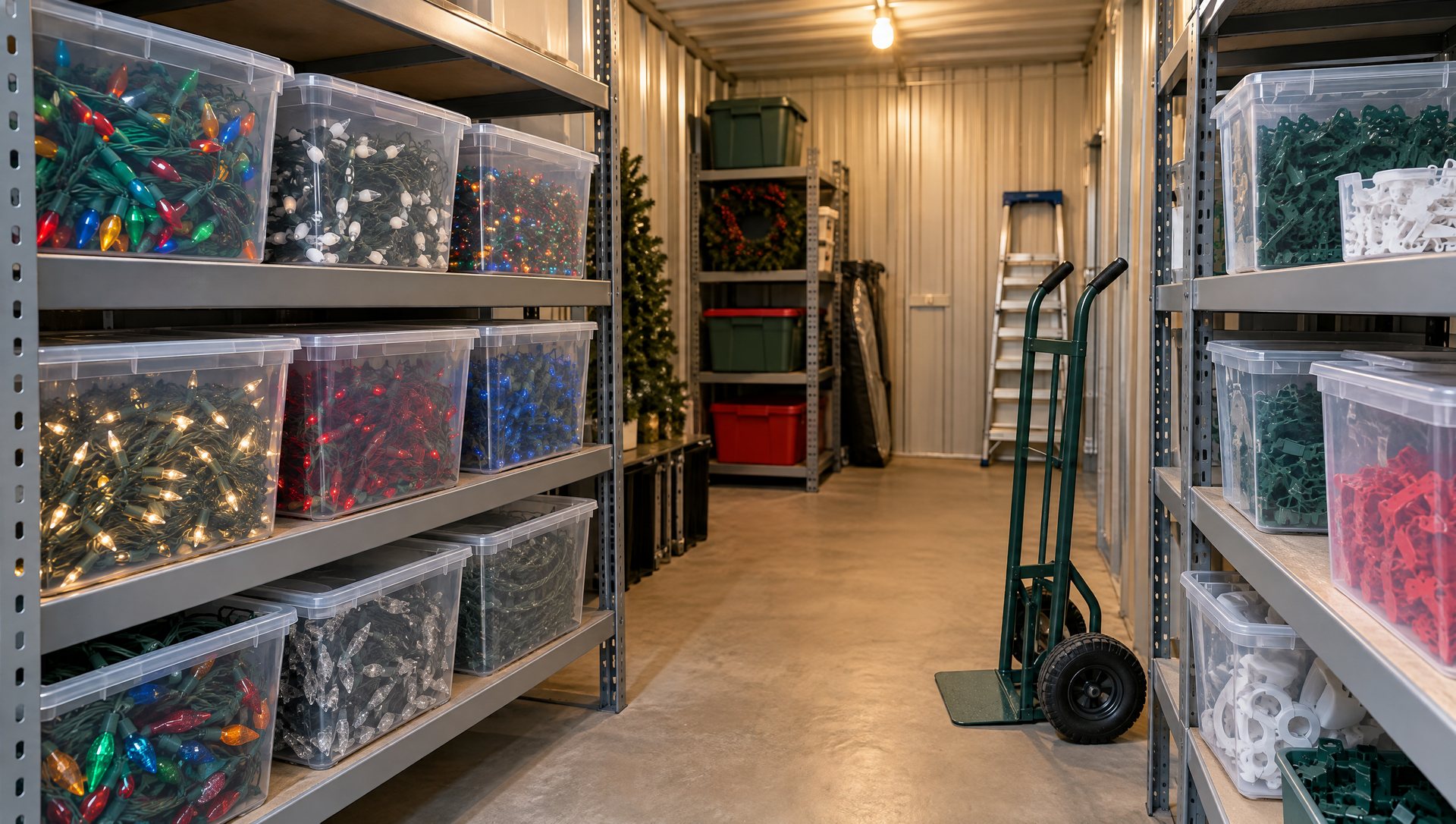 Metal shelves of plastic bins holding coiled light strings in a storage unit.